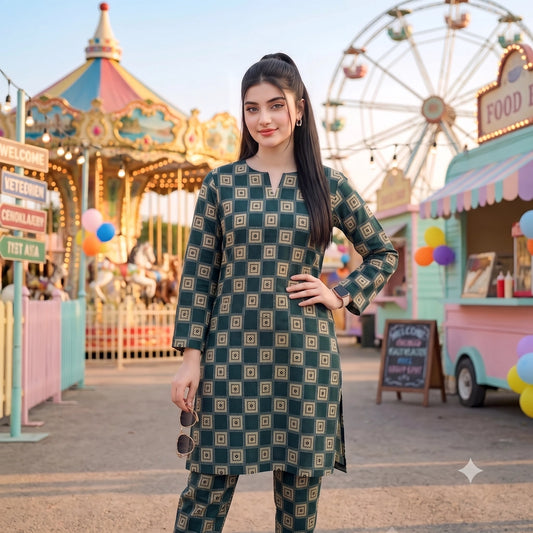 2 Pc Unstitched Digital Printed Lawn Suit - Dark Green Geometric