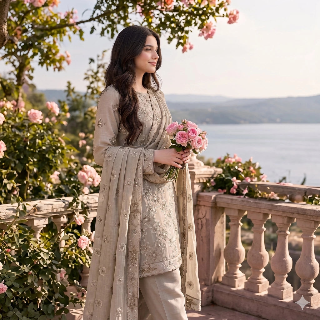 Stone Grey Embroidered Party Suit — 3 Piece
