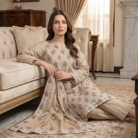 Champagne Pure Lawn 3-Piece Suit | Purple Floral Schiffli & Handmade Embroidery | Laser Cut & Stone Work | Party Wear