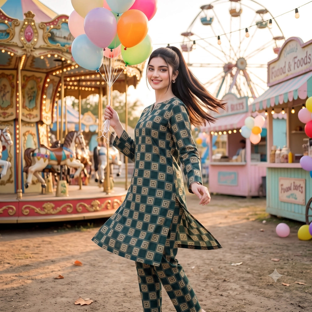 2 Pc Unstitched Digital Printed Lawn Suit - Dark Green Floral Vine