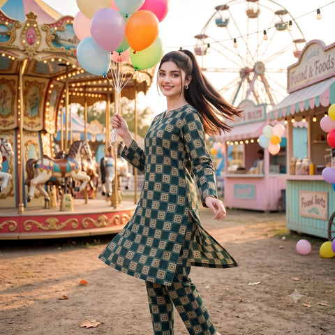 2 Pc Unstitched Digital Printed Lawn Suit - Dark Green Floral Vine