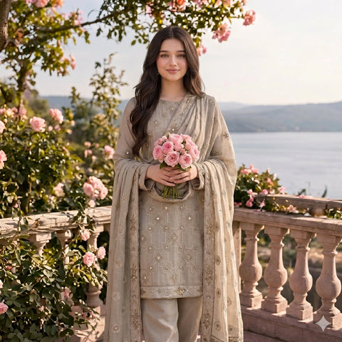 Stone Grey Embroidered Party Suit — 3 Piece