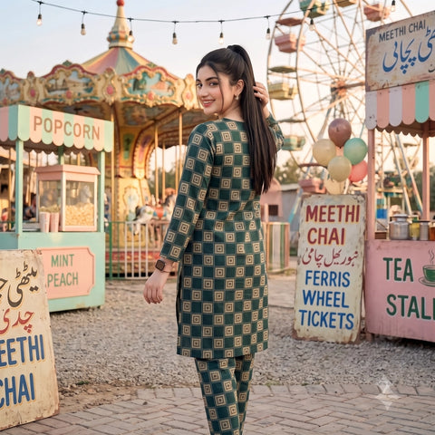 2 Pc Unstitched Digital Printed Lawn Suit - Dark Green Geometric