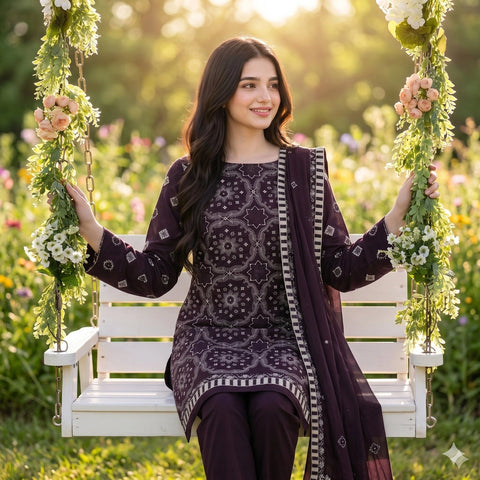 Plum Wine Embroidered Party Suit — 3 Piece