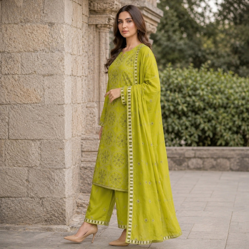 Lime Green Pure Lawn 3-Piece Suit | Circular Floral Handmade Embroidery | Sequin & Stone Work | Party Wear