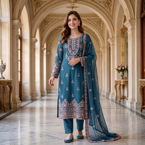 Teal Blue Embroidered Party Suit — 3 Piece