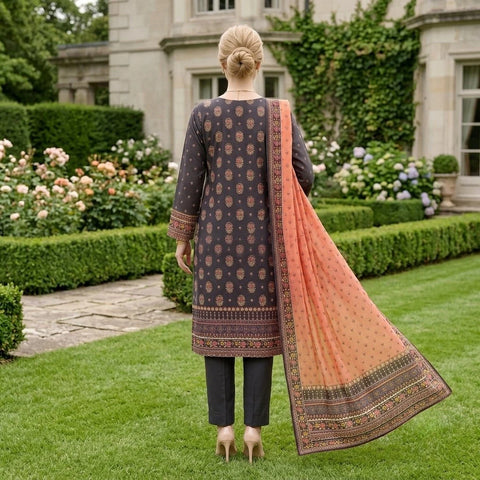 Dark Charcoal Floral Printed Lawn — 3 Piece Unstitched