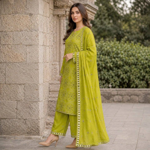 Lime Green Pure Lawn 3-Piece Suit | Circular Floral Handmade Embroidery | Sequin & Stone Work | Party Wear