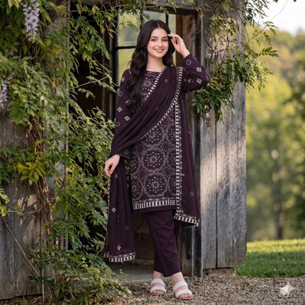 Plum Wine Embroidered Party Suit — 3 Piece