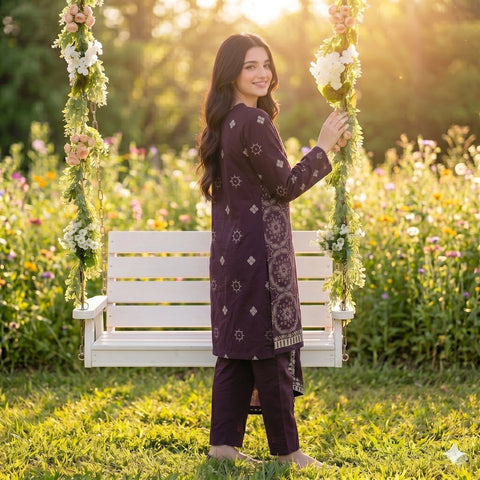 Plum Wine Embroidered Party Suit — 3 Piece