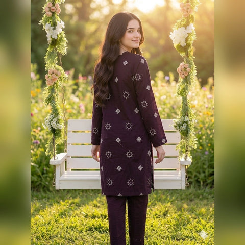 Plum Wine Embroidered Party Suit — 3 Piece