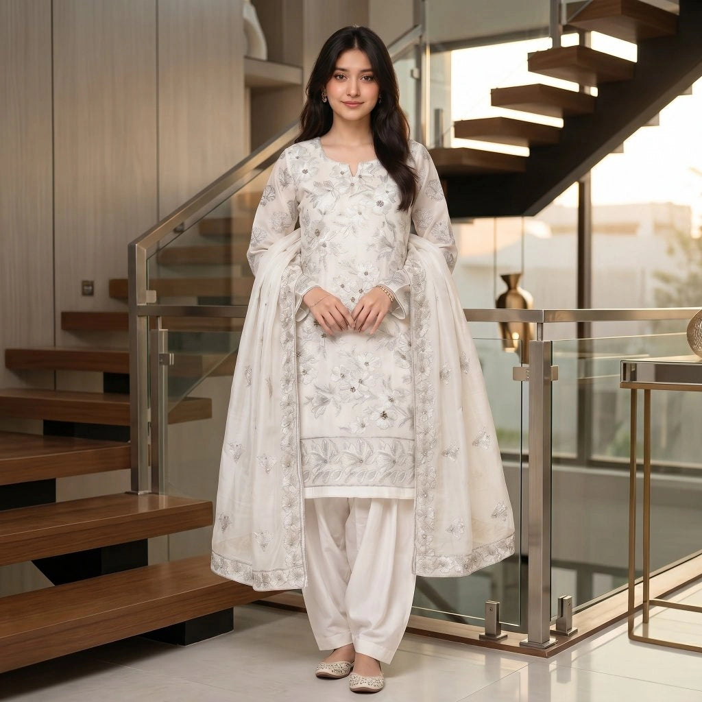 White & Silver Tilla Party Suit — 3 Piece