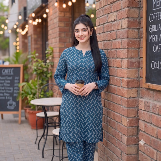 2 Pc Unstitched Digital Printed Lawn Suit - Steel Blue Botanical