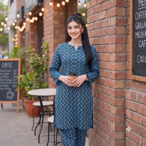2 Pc Unstitched Digital Printed Lawn Suit - Steel Blue Botanical