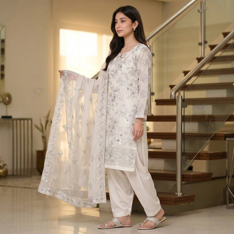 White & Silver Tilla Party Suit — 3 Piece