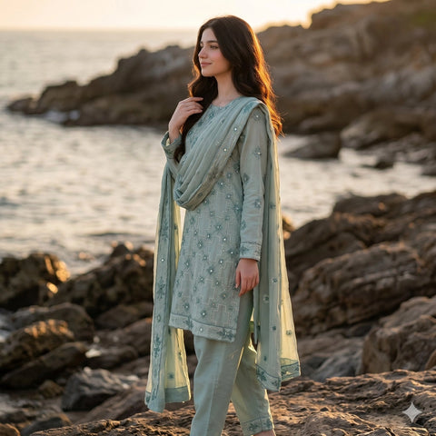 Sage Green Embroidered Party Suit — 3 Piece