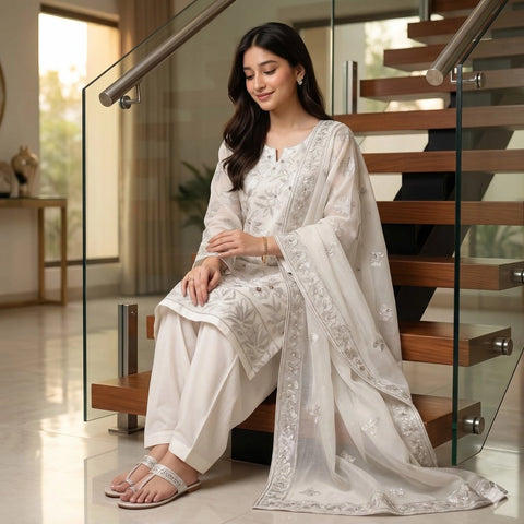 White & Silver Tilla Party Suit — 3 Piece