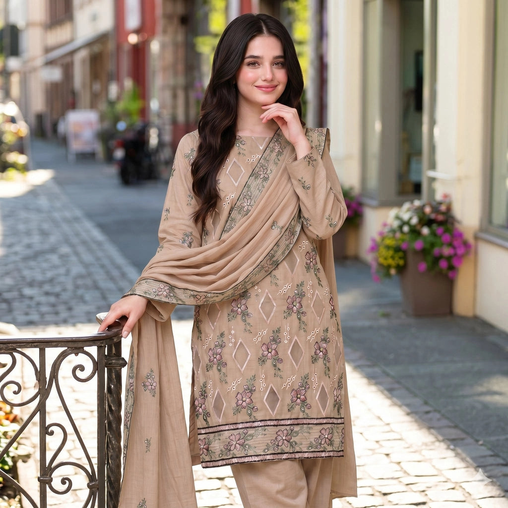 Warm Mocha-Brown Embroidered Party Suit — 3 Piece