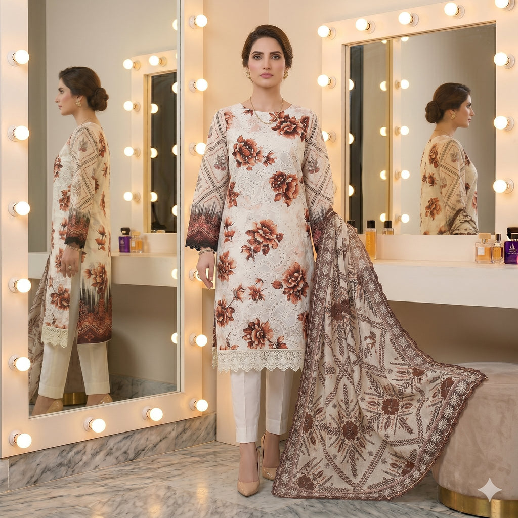 Mocha Chikankari Lawn — 3 Piece Unstitched