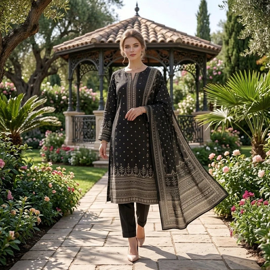Black & White Floral Printed Lawn — 3 Piece Unstitched