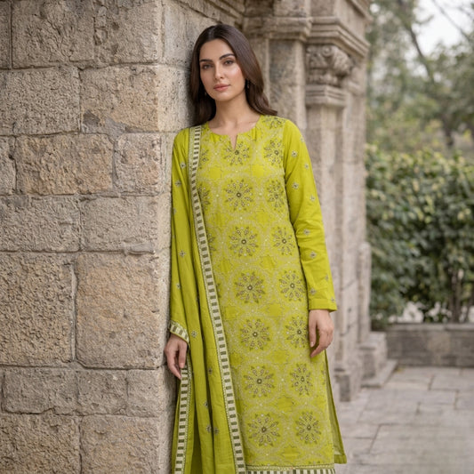 Lime Green Pure Lawn 3-Piece Suit | Circular Floral Handmade Embroidery | Sequin & Stone Work | Party Wear