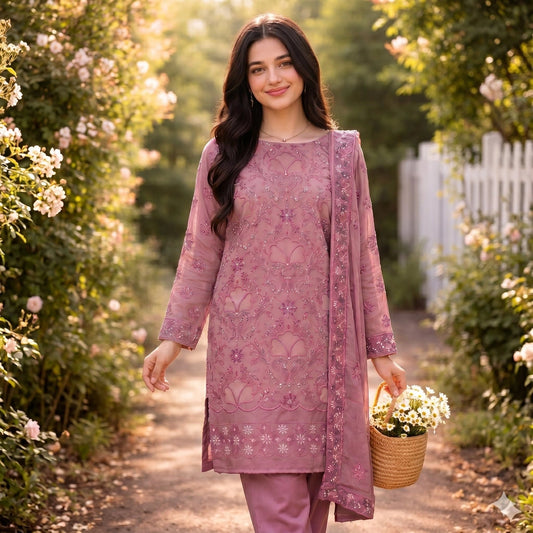 Tea Pink Embroidered Party Suit — 3 Piece