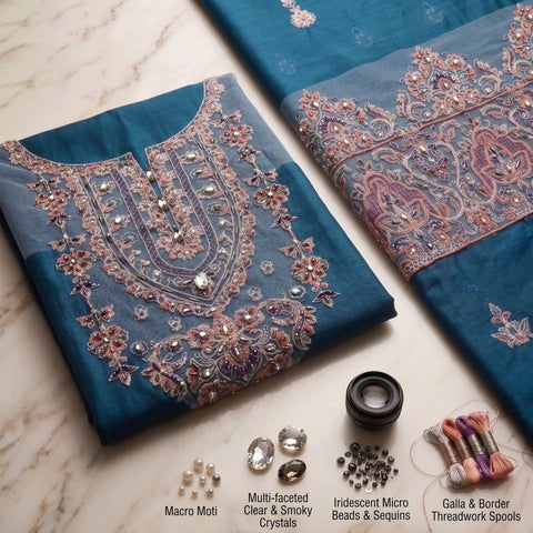 Teal Blue Embroidered Party Suit — 3 Piece