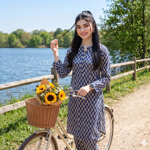 2 Pc Unstitched Digital Printed Lawn Suit - Navy Blue Chevron