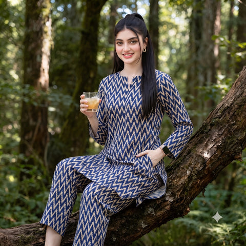 2 Pc Unstitched Digital Printed Lawn Suit - Navy Blue Chevron