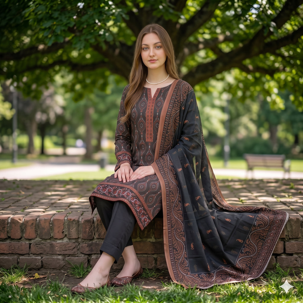 Charcoal Black Digital Printed Lawn 3-Piece Suit — Rust Ajrak Print