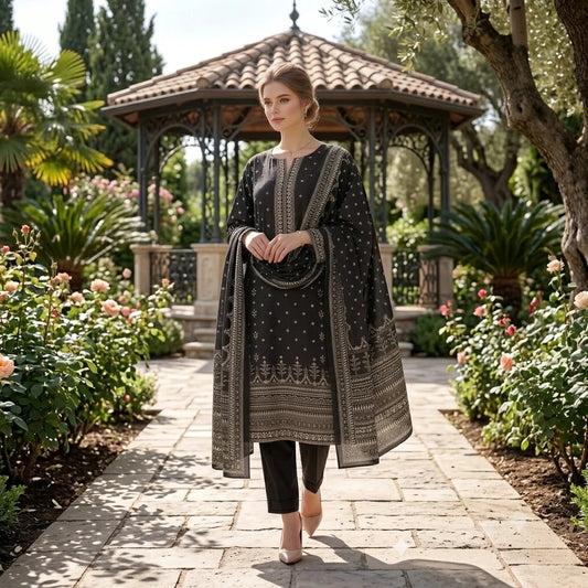 Black & White Floral Printed Lawn — 3 Piece Unstitched