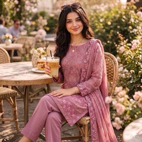 Tea Pink Embroidered Party Suit — 3 Piece