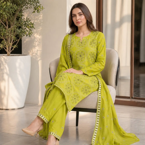 Lime Green Pure Lawn 3-Piece Suit | Circular Floral Handmade Embroidery | Sequin & Stone Work | Party Wear