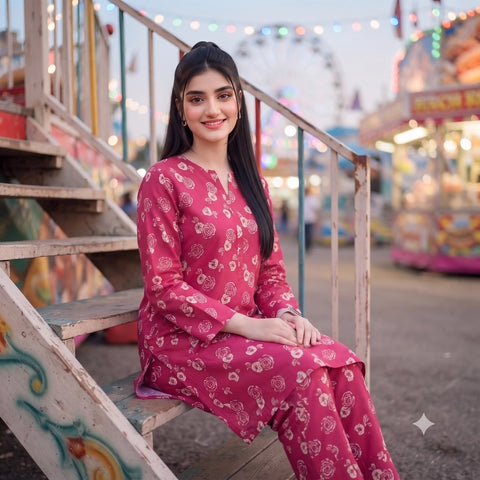 2 Pc Unstitched Digital Printed Lawn Suit - Rose Pink Floral