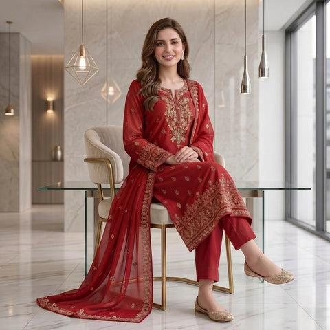 Classic Red Embroidered Party Suit — 3 Piece