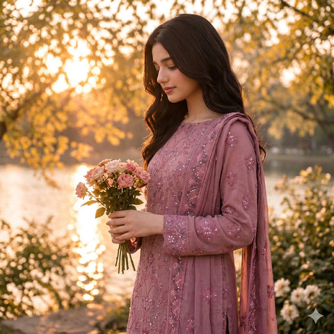 Tea Pink Embroidered Party Suit — 3 Piece
