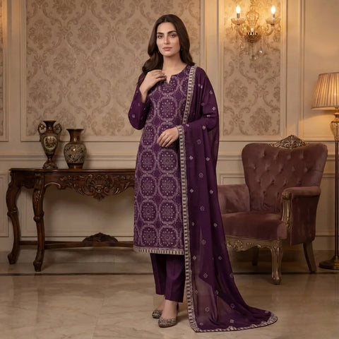 Deep Purple Pure Lawn 3-Piece Suit | Medallion Handmade Embroidery | Laser Cut & Stone Work | Party Wear