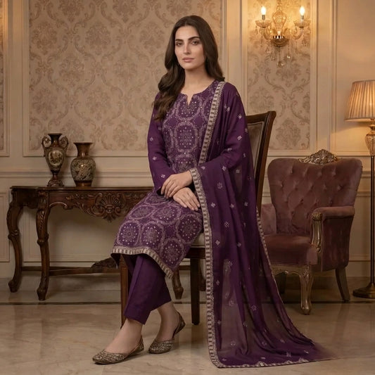 Deep Purple Pure Lawn 3-Piece Suit | Medallion Handmade Embroidery | Laser Cut & Stone Work | Party Wear