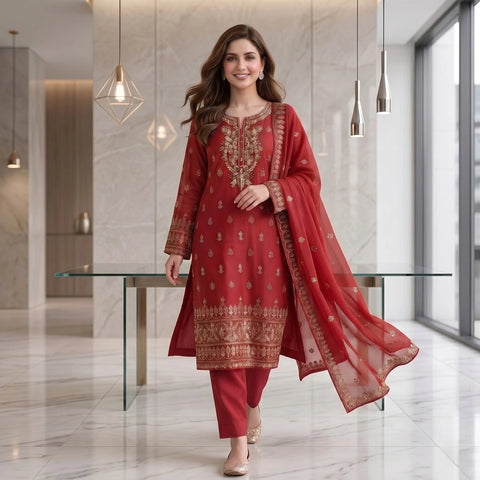 Classic Red Embroidered Party Suit — 3 Piece