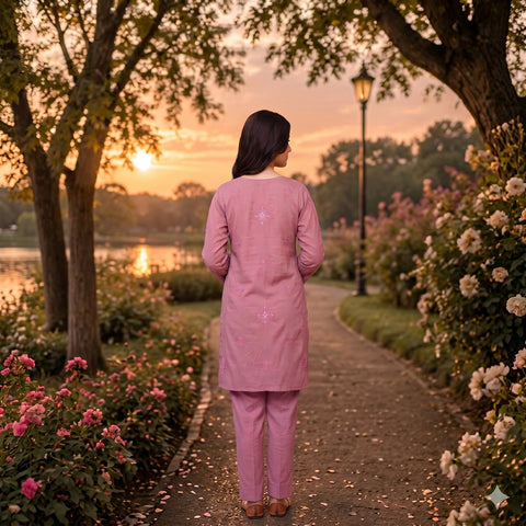 Tea Pink Embroidered Party Suit — 3 Piece