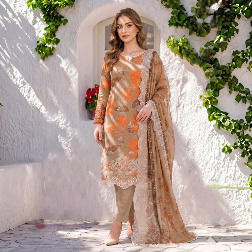 Golden Beige Chikankari Lawn — 3 Piece Unstitched