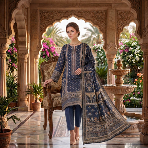 Navy Blue Mughal Printed Lawn — 3 Piece Unstitched