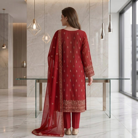 Classic Red Embroidered Party Suit — 3 Piece