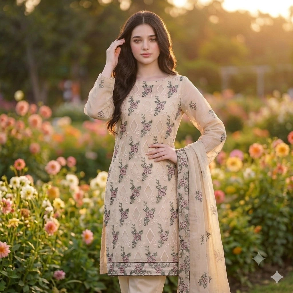 Ivory Pink Floral Embroidered Party Suit — 3 Piece