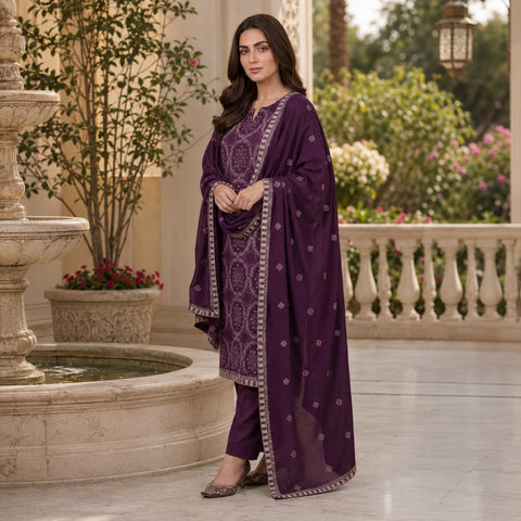 Deep Purple Pure Lawn 3-Piece Suit | Medallion Handmade Embroidery | Laser Cut & Stone Work | Party Wear