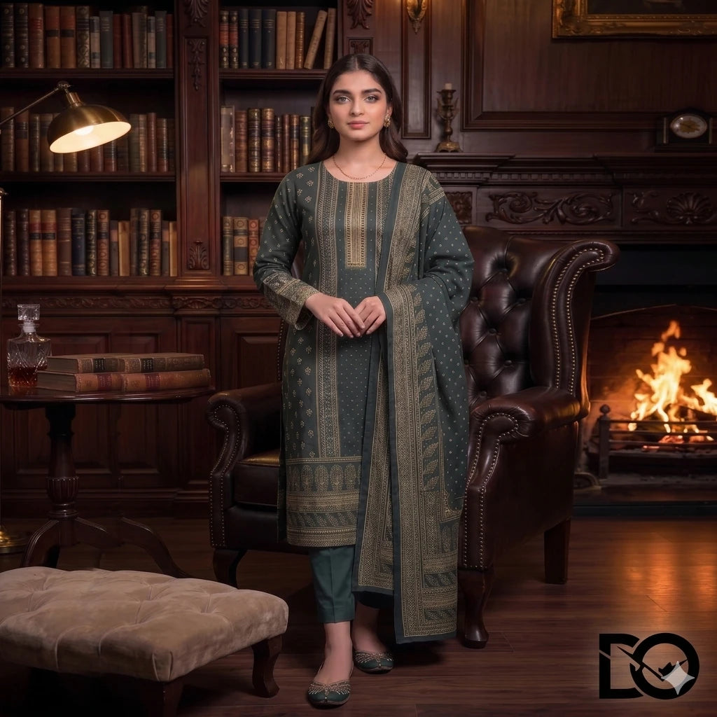 Emerald Classic 3-Piece Unstitched Digital Printed Lawn Suit | Forest Green & Gold Heritage Print