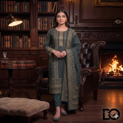 Emerald Classic 3-Piece Unstitched Digital Printed Lawn Suit | Forest Green & Gold Heritage Print
