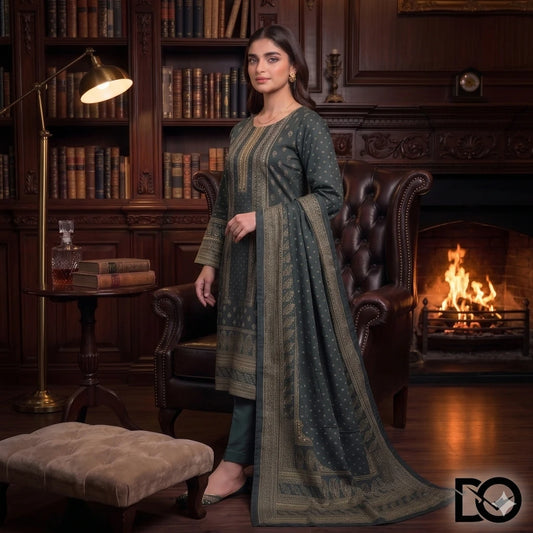 Emerald Classic 3-Piece Unstitched Digital Printed Lawn Suit | Forest Green & Gold Heritage Print