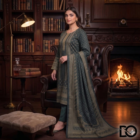 Emerald Classic 3-Piece Unstitched Digital Printed Lawn Suit | Forest Green & Gold Heritage Print