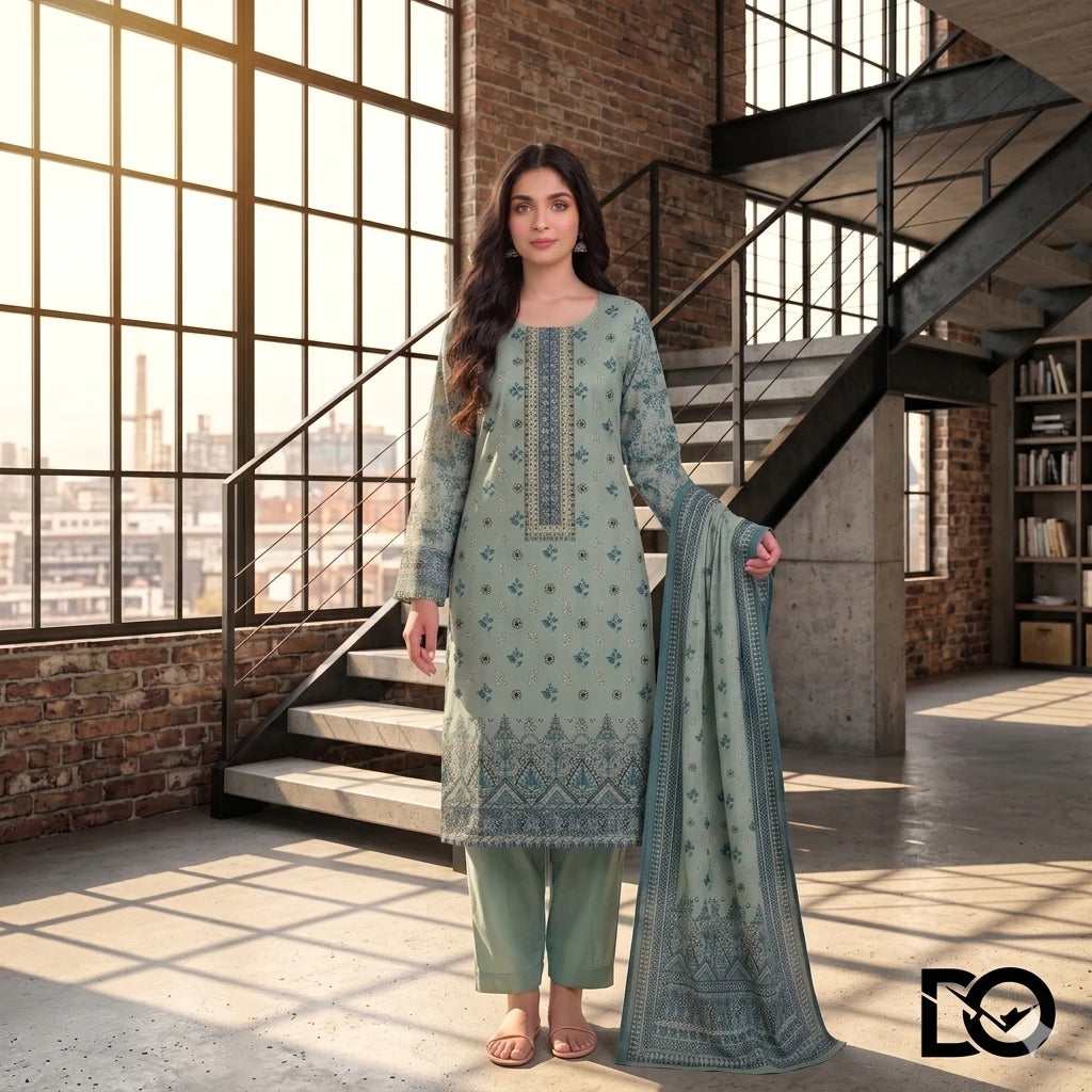 Sage Breeze 3-Piece Unstitched Digital Printed Lawn Suit | Teal & Navy Floral Print